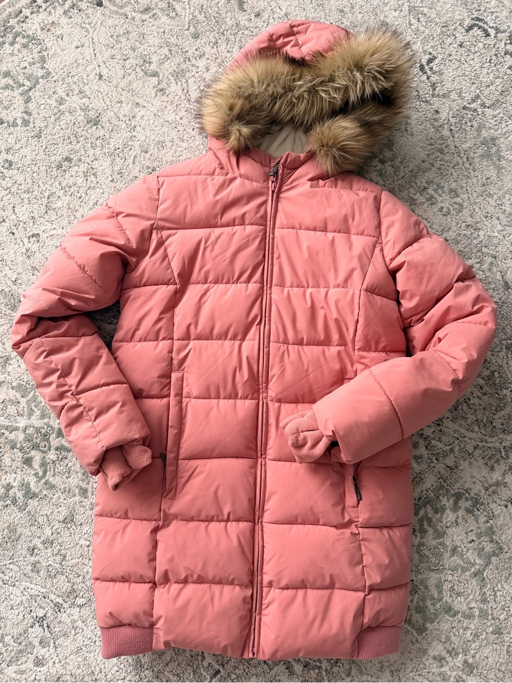 all in motion Coral Pink Quilted Hooded Puffer with Faux Fur Trim